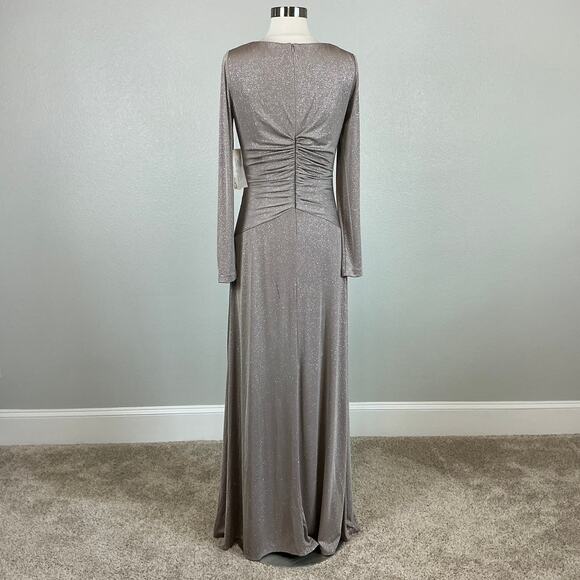 Eliza J Gold Metallic Long Sleeve Evening Gown Size 10 Ruched Thigh Slit Formal - Picture 7 of 14